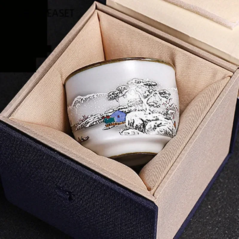 Chinese Ru Kiln Ceramics Teacup Exquisite Hand-painted Pattern Single Cup Tea Bowl Master Cups Individual Cup Handmade Teaware