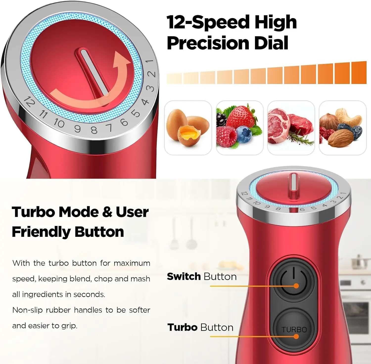 5-in-1 Hand Immersion Blender, 1000W 12 Speed Handheld Blender, Copper Motor Stainless Steel Blade Stick Blender,600ml Mixing Beaker,500ml Food Processor, Whisk, Milk Frother, BPA-Free, Red 2