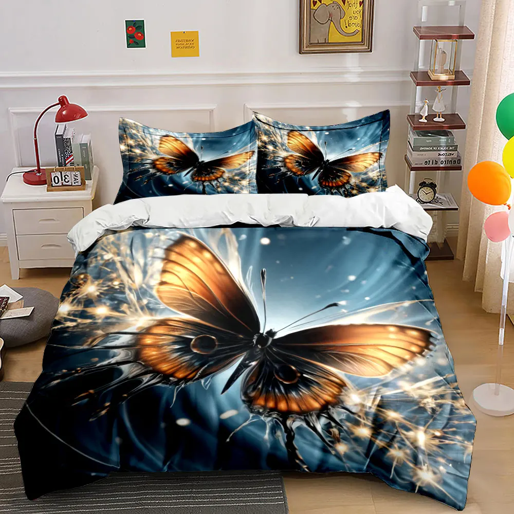 Luxury Metallic Golden Butterfly Bedding Set,Glowing Blue Light Fantasy Butterfly Print Duvet Cover,1 Duvet Cover+2 Pillowcases 1