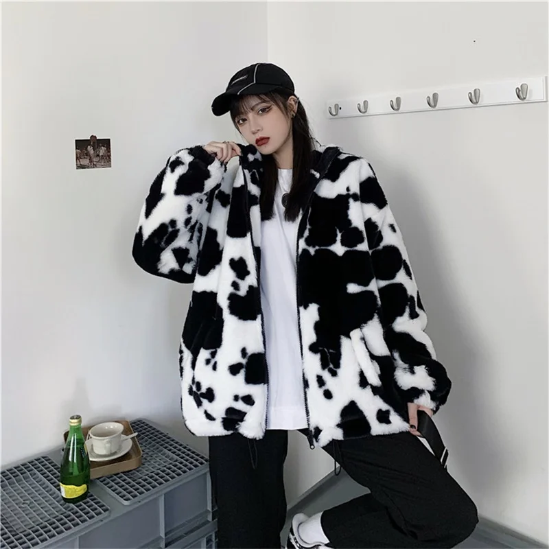 

Korean Winter New Fashion Coat Harajuku Cows Printing Loose Full Sleeve Leather Jacket Vintage Flannel Keep Warm Cotton Clothes