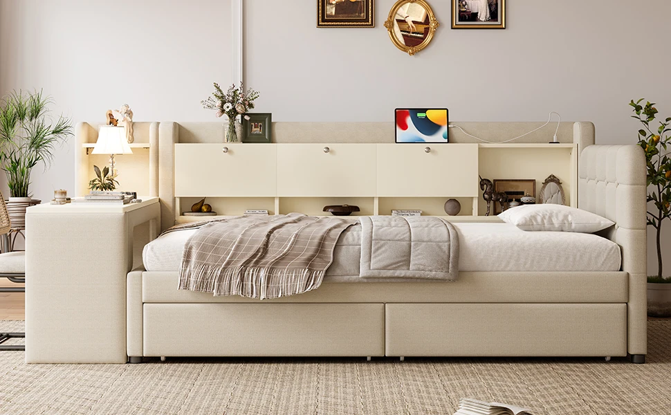 Tagesbett, 90*200cm, Tagesbett, Schlafsofa, mit 2 Schubladen, Schreibtisch, USB + Typ C, aufklappbares Staufach, Staufach – Detail 22
