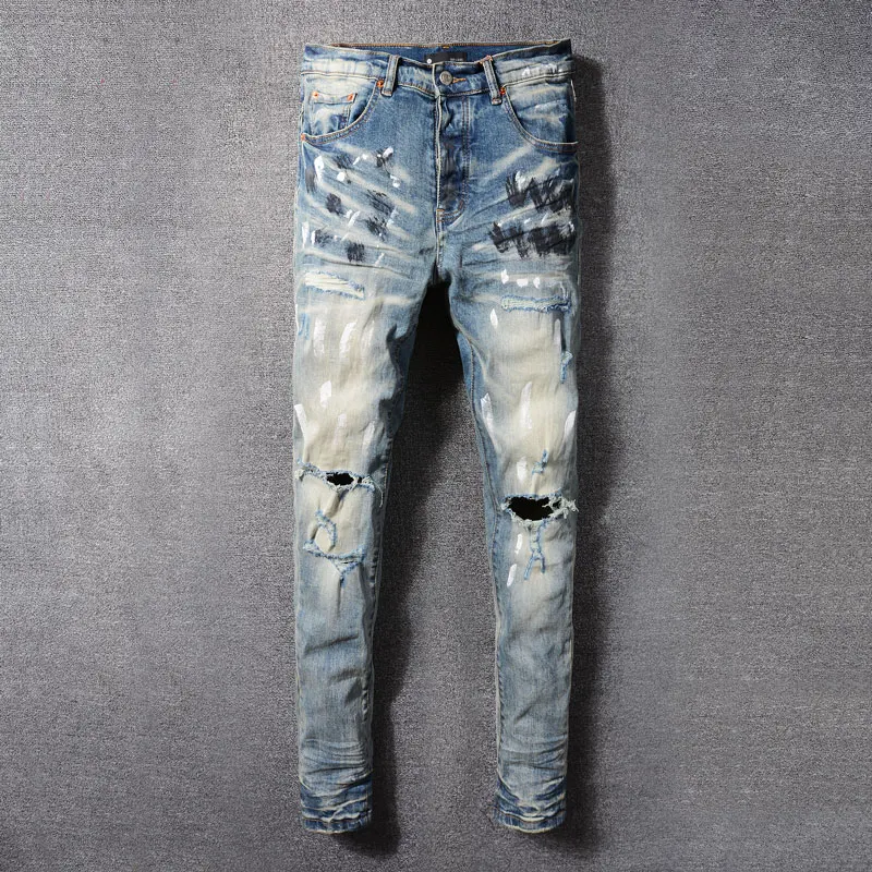 

High Street Fashion Men's Jeans Blue Vintage Washed Elastic Tight Split Colored Painted Jeans Designer Hip Hop Brand Pants hombr
