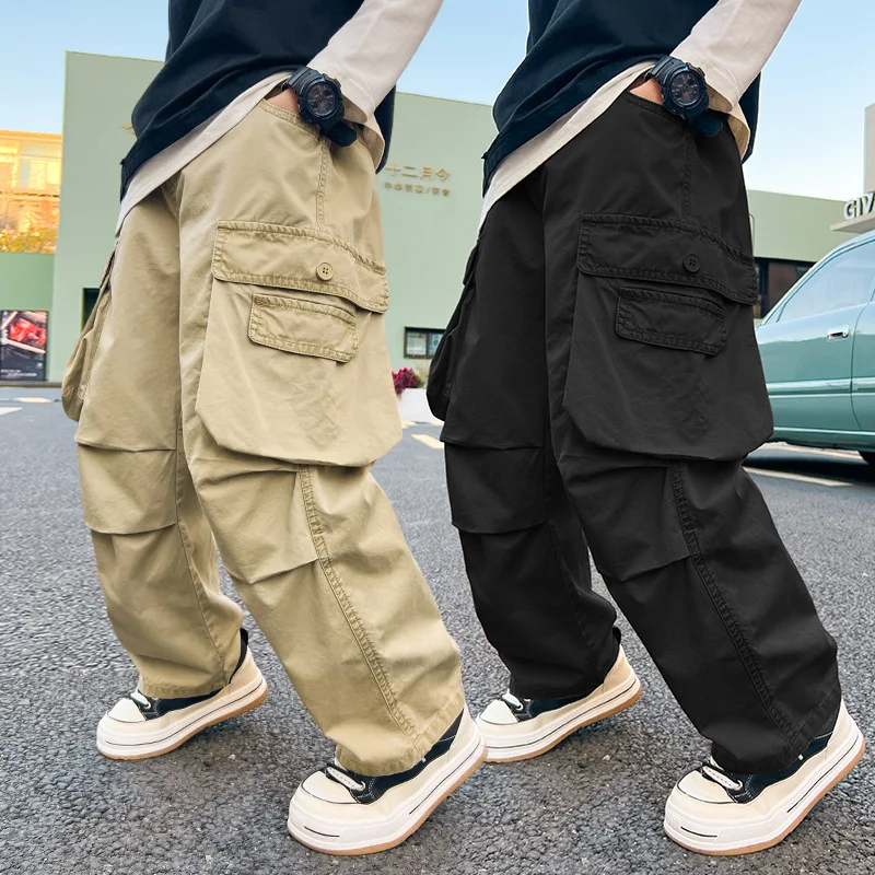 Teenage Boys Wide Leg Cargo Straight Leg Pants Children Trousers
