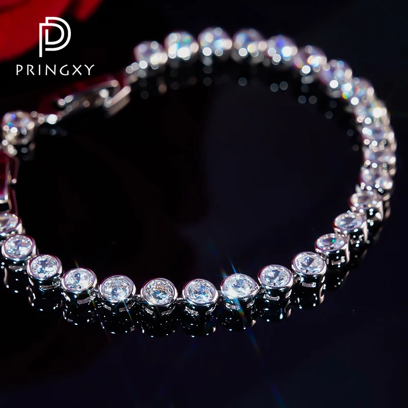 PRINGXY Real 925 Sterling Silver Round 0.3ct Tennis Diamond Cubic Zirconia Bracelet Engagement Fine Jewelry Valentine's Day Gift