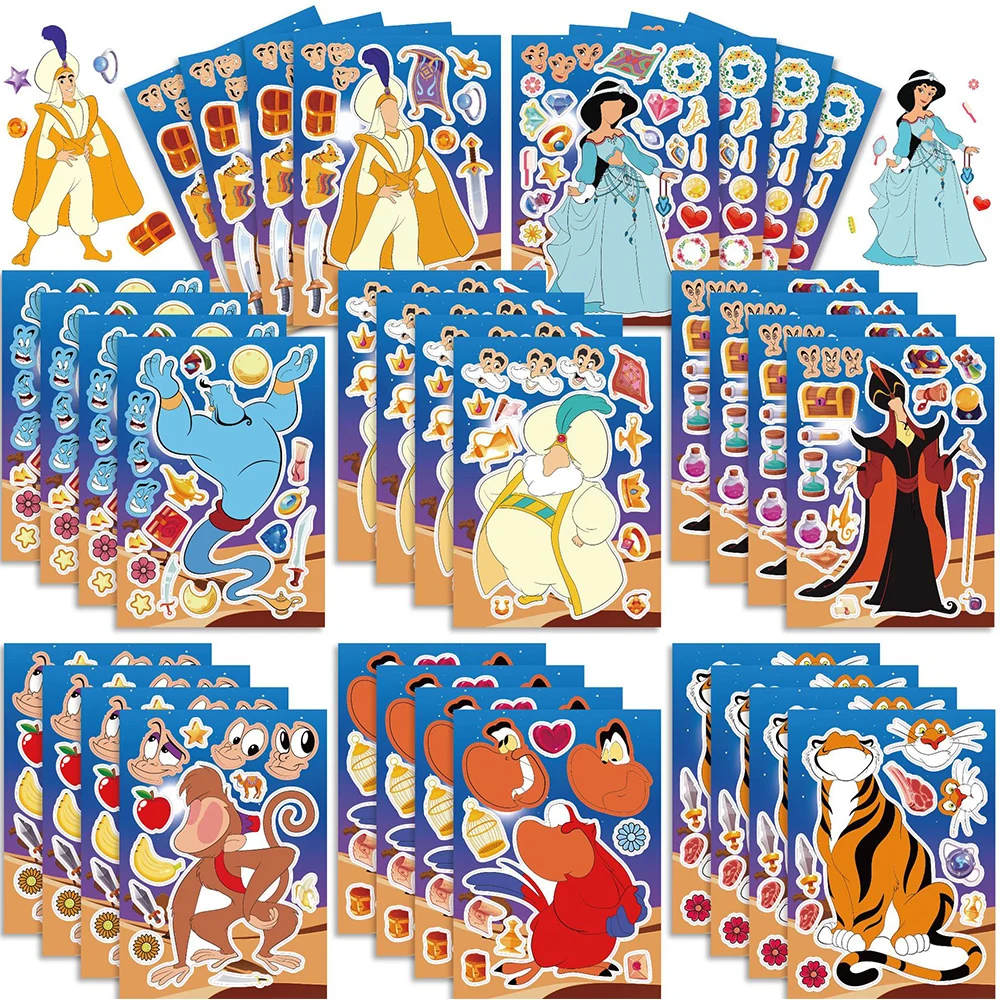 8/16Sheets Make a Face Disney Aladdin Jasmine Puzzle Sticker Princess Cartoon Assemble Jigsaw Game Kids Toy Children Party Favor