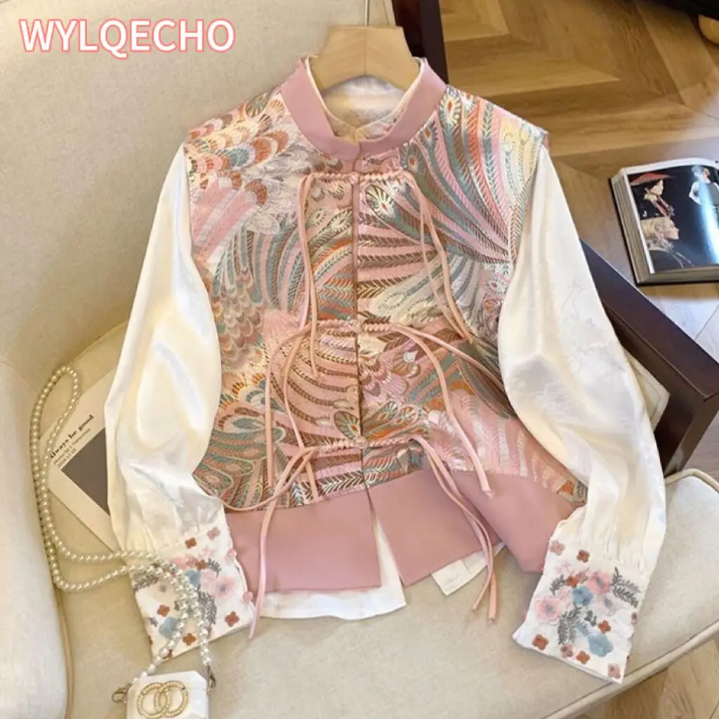 Chinese Style Modified Hanfu Jacquard Top Women Spring and Autumn Retro Stand-up Collar Long-sleeved Loose Casual Shirt