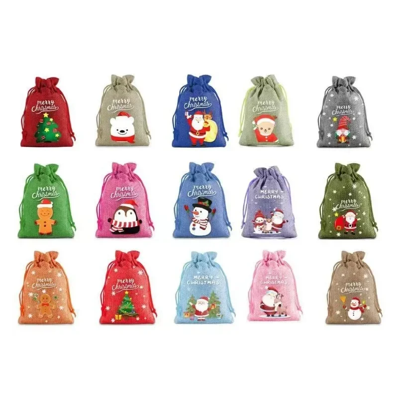 10pcs Wholesale Merry Christmas Linen Drawstring Bags Small Gift Storage Packaging Bundle Pocket Kids Pouch Party Favors LIJIAO