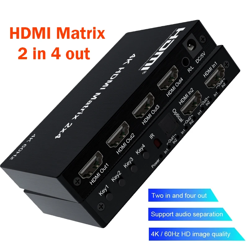 Hdmi Matrix Switch Splitter Conversor Interruptor Vídeo Áudio r e l Extrator de Áudio 2×4 4k 60hz