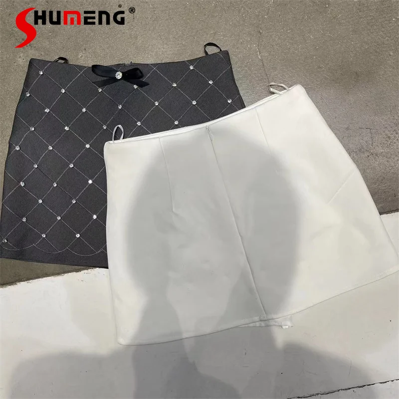 Full Rhinestone Rhombus Design Slimming Temperament Skirt Female Commuter's All-Matching Graceful Bow Exposure-Proof Y2k Skirts women jeans 2023 spring and autumn new exquisite rhinestone beaded love pattern high waist stretch cropped jeans female
