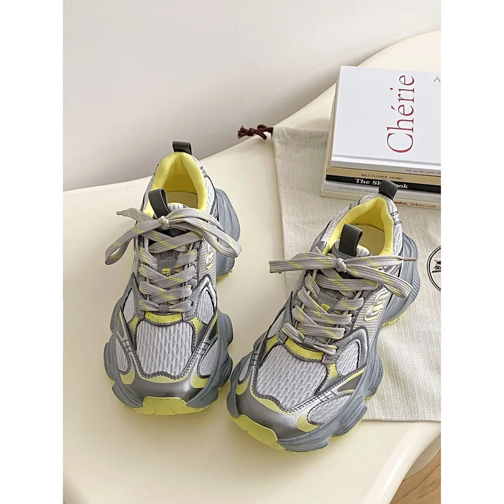 Thick Sole Dad Shoes Women 2024 Spring New Retro Women Casual Shoes Color Blocked Elevated Lightweight Sports Shoes 24-144