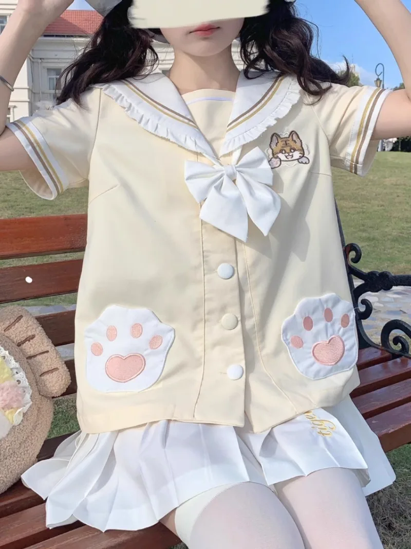 2024 Spring Summer Japanese JK Uniform Sailor Outfit Sweet Cute Student Yellow Short Sleeves Top White Skirt Cartoon 2 Piece Set