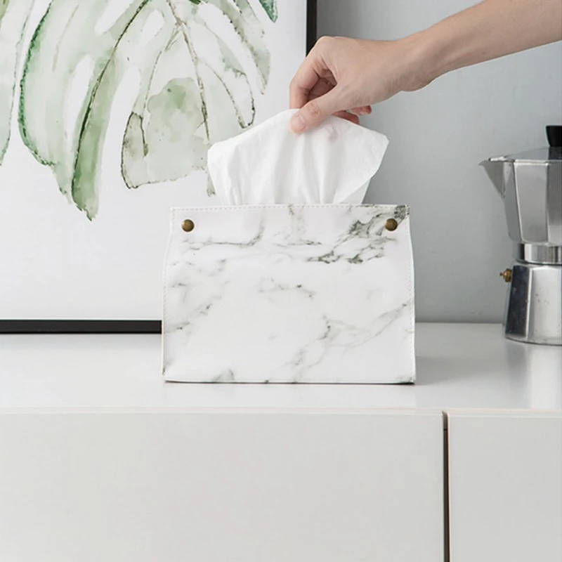 Chic Tissue Case Box Container PU Leather Marble Pattern Home Car Towel Napkin Papers Dispenser Holder Box Case Table Decoration