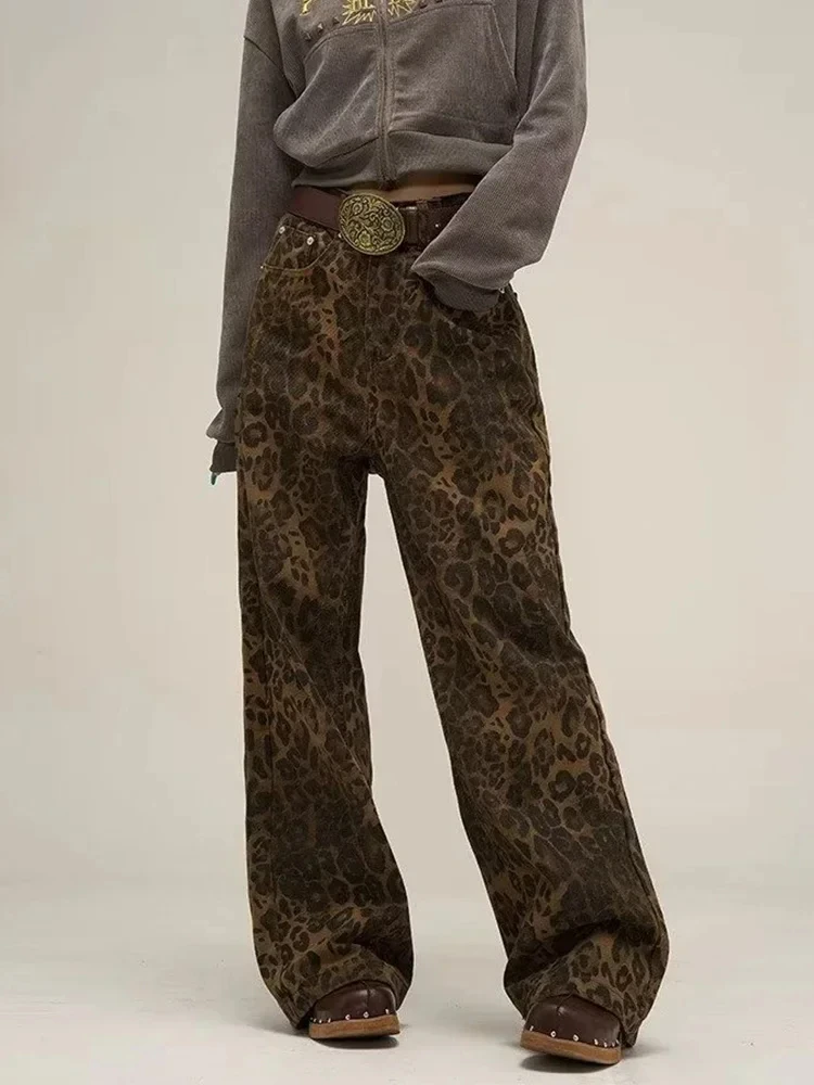 

Джинсы HOUZHOU Y2k женские с леопардовым принтом, свободные брюки-багги из денима с широкими штанинами в стиле оверсайз, уличная одежда в стиле хип-хоп