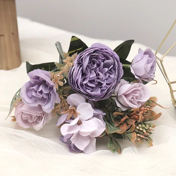 6PCS Roses Silk Artificial Flowers Wedding Home Autumn Christmas Decoration Luxury Fake Floral Table Centerpiece Arrangement 6