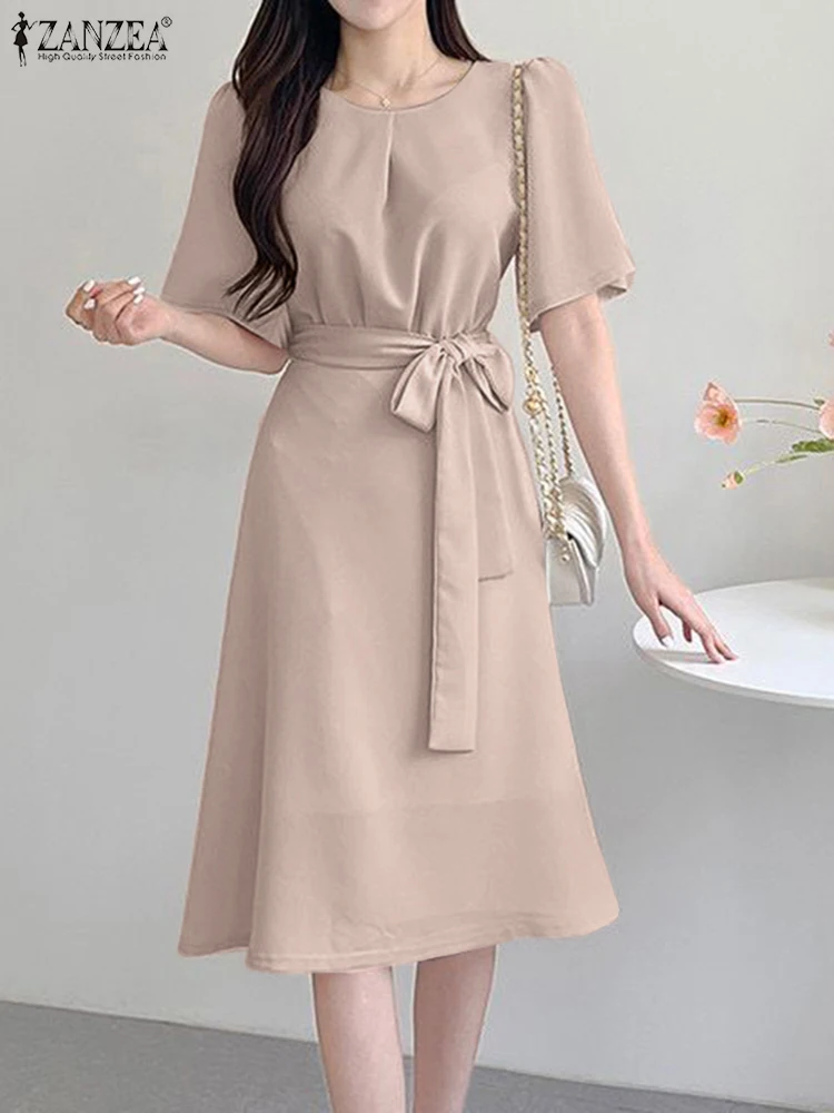 

Женское элегантное офисное платье миди ZANZEA, корейская мода, лето 2024, однотонное платье-трапеция с завязкой на талии, мягкие повседневные женские платья