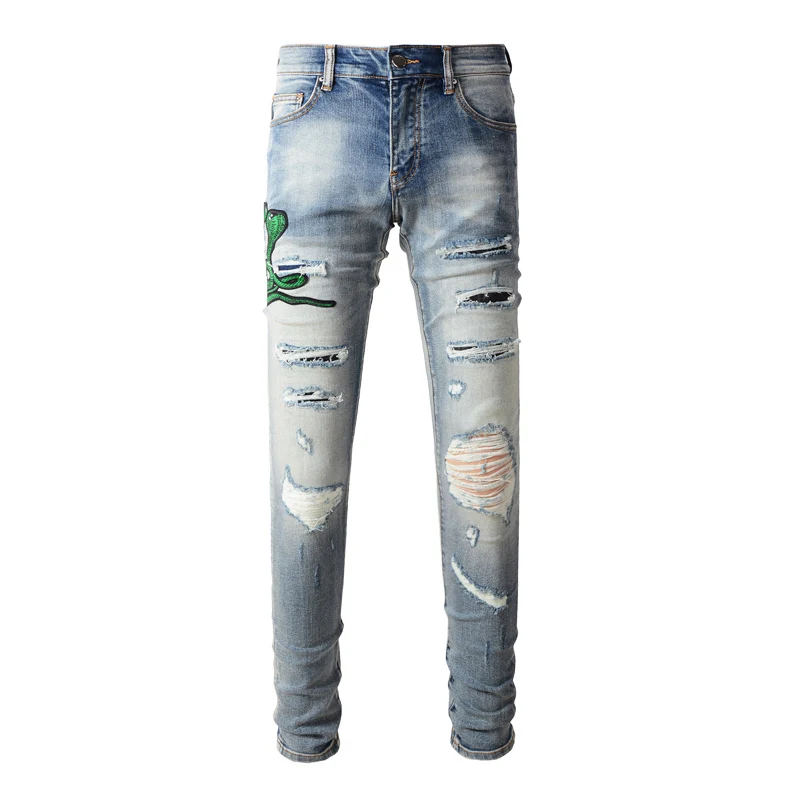 High Street Fashion Men Jeans Retro Washed Blue Stretch Skinny Fit Ripped Jeans Men Leather Patched Designer Hip Hop Brand Pants