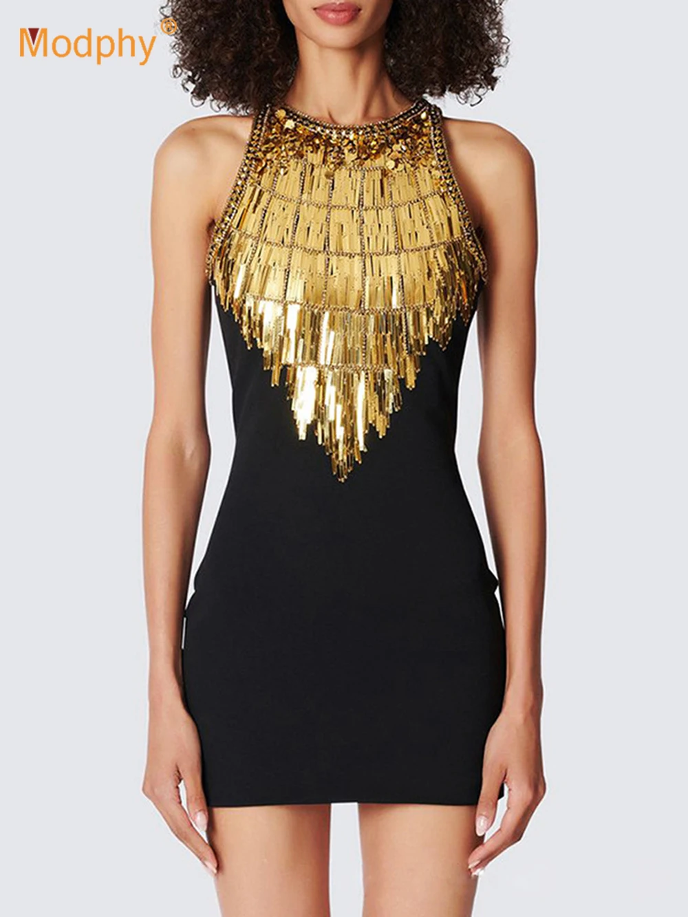 

Modphy High Quality Women Sleeveless Sexy Metal Sequined Rivet Bodycon Mini Dress Elegant Fashion Nightclub Party Vestidos