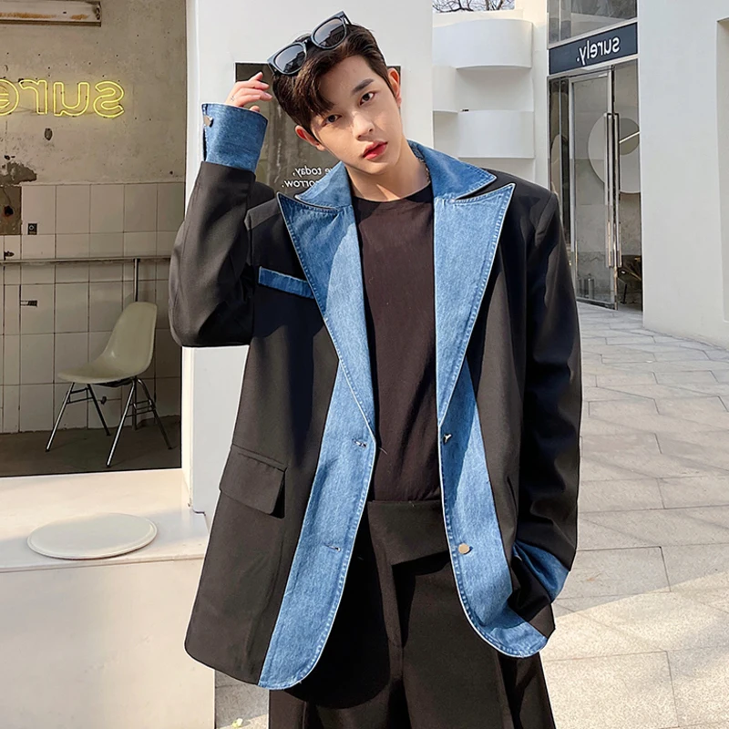 LUZHEN Trendy Denim Splicing Design Blazer Coat Men's Original High Street Color Contrast Stylish Jacket Korean 2024 New B0af0f