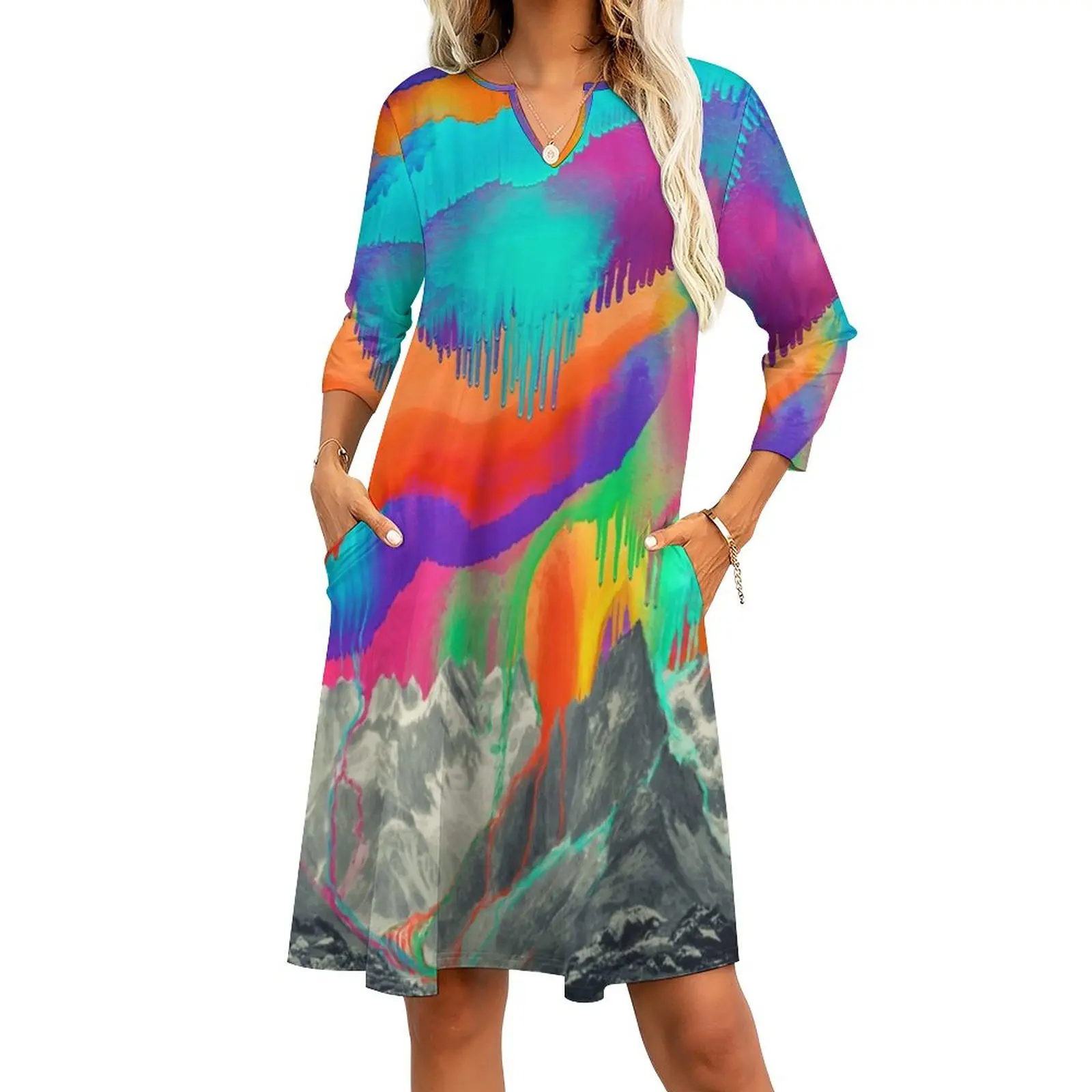 Skyfall Melting Northern Lights Square Neck Dress New Plus Size Elegant Women Waist Tight Dress Landscape North Lights Aurora