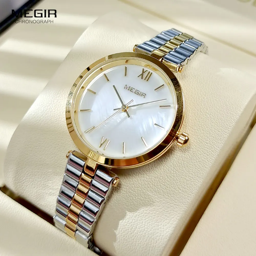 MEGIR Quartz Watch for Women Fashion Simple Analog Vintage Wristwatch with Stainless Steel Band 3atm Waterproof Lady Silver Gold