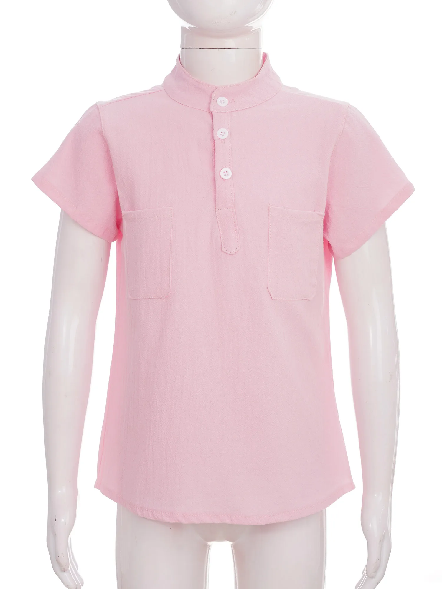Kids Summer T-Shirts Short Sleeve Cotton Linen Shirt Button Casual Stand Collar Shirts with Pockets for Boys Girls