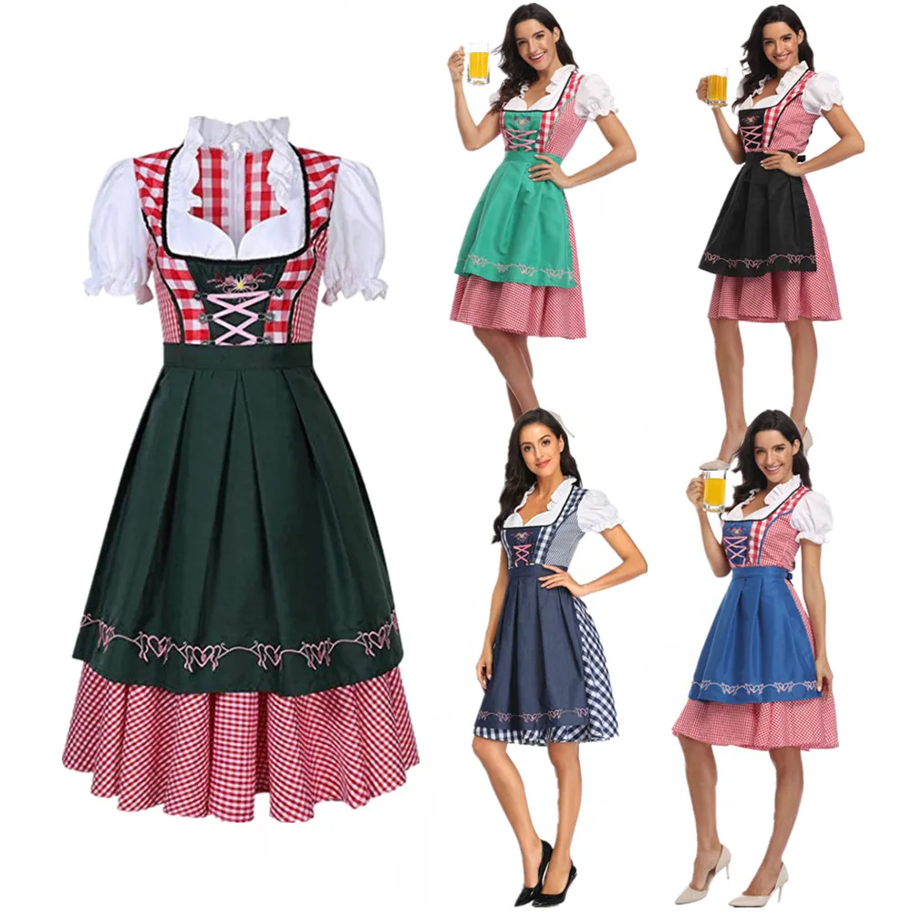 

Carnival Halloween Lady German Dirndl Oktoberfest Costume Bavarian National Plaid Clubwear Cosplay Fancy Party Dress