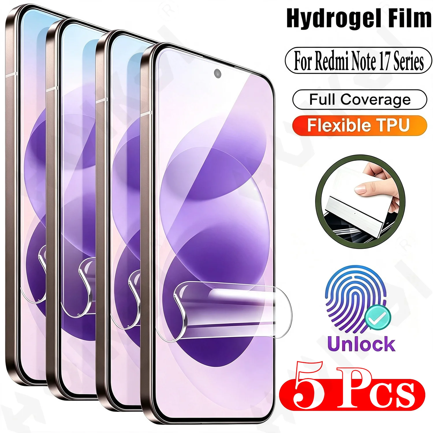 5-Pack Transparent Hydrogel Screen Protector Film, High Sensitivity, Soft TPU