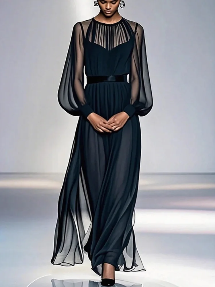 Wmstar Dresses Women Wholesale Cross Border Autumn Winter Woman 2025 New Long French High End Style,black Cinched Waist