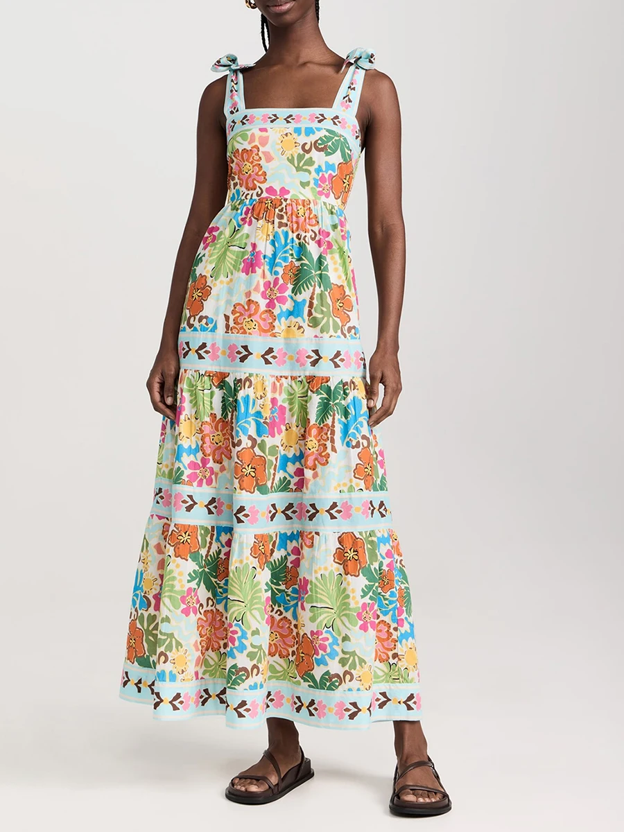 

Women Summer Sleeveless Dress Casual Tie up Straps Floral Print A-Line Party Dress for Beach Club Streetwear