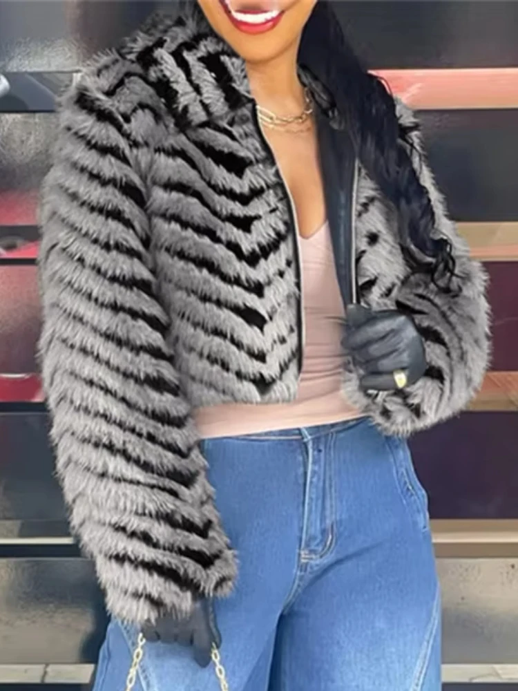 Nibber Furry Jacker Women Gradient Zebra Stripes Zipper Casual Warm Winner New Trend Street Fashion Classic Comfortable Coat