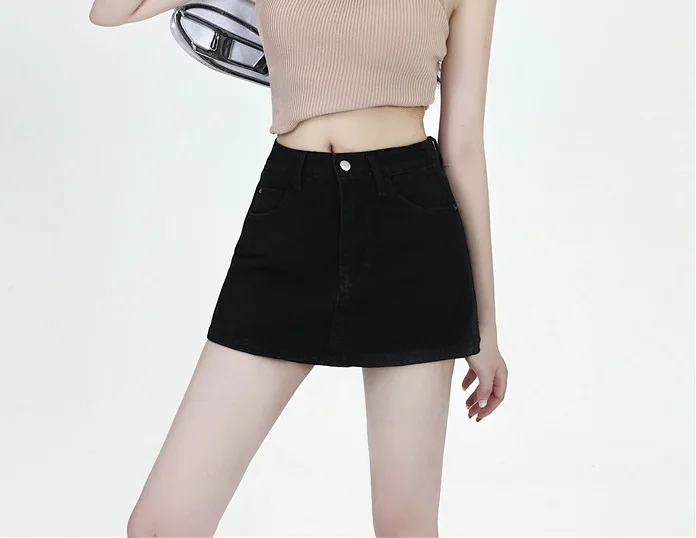 

High waisted denim short skirt for women, A-line skirt, slimming and anti glare black wrap hip skirt, half length skirt, summer