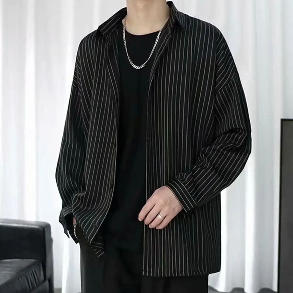 

Men Loose Top Japanese Style Striped Men's Shirt with Turn-down Collar Single-breasted Design for Casual Fall Spring Wear Lapel