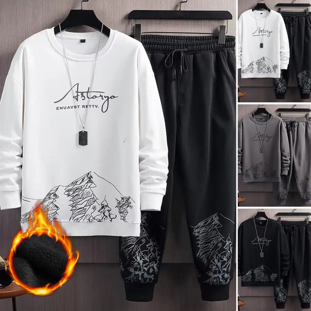 1 Set Men Tracksuit Plush Skin-touch Keep Warm Ribbed Cuff Sweatshirt Lace-up Sweatpants Men Sweatsuit Set Clothing sports suit