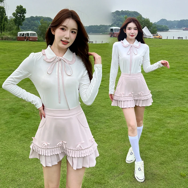 Golf Clothing Women Long-Sleeve Polo Shirt Ruffle Collar Elastic Tennis Tops Lady Pleated Bow Skirts High Waist Golf Skorts