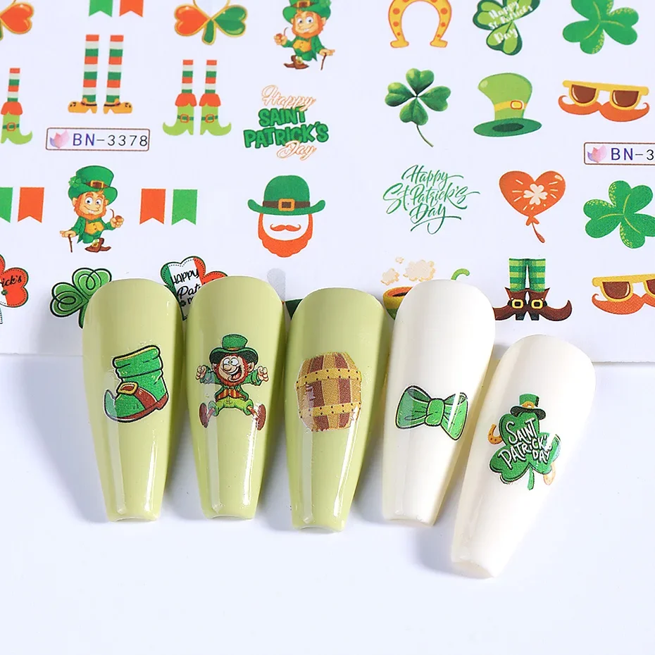 12pcs 3D Green Four Leaf Clover Cartoon Character Nail Sticker Beer Letter Water Transfer Slider DIY Manicure Art Decoration Tip