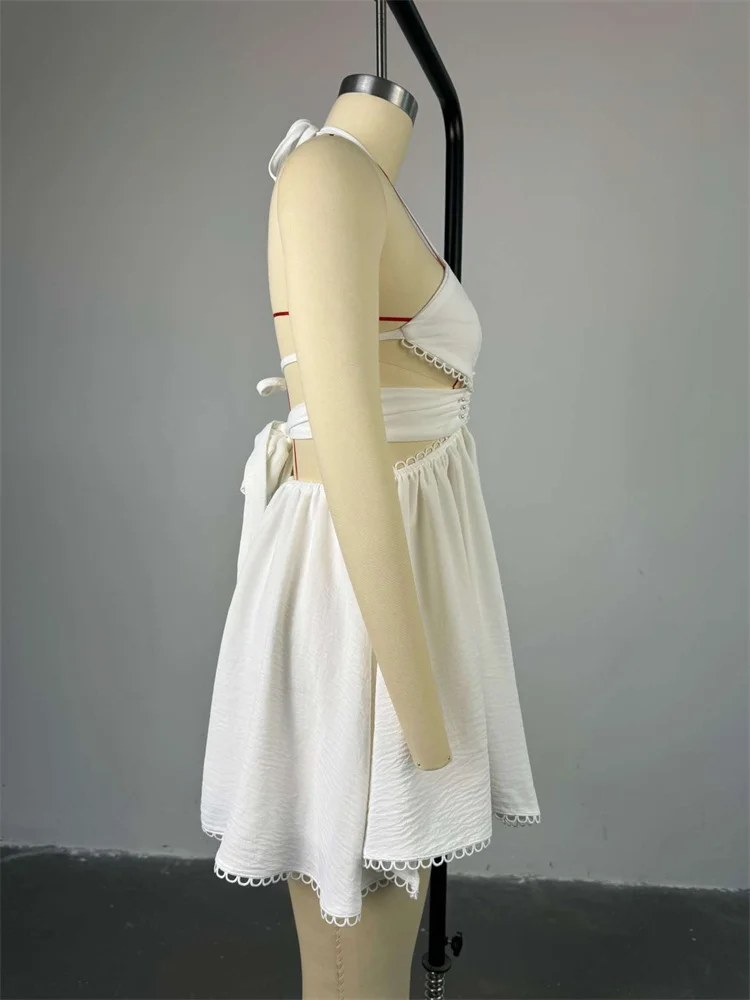 Wmstar Dresses Women Elegant V Neck Slip Sweet Mini Halter Dress Hollow Out Fahion New in Summer Clothes Wholesale Dropshipping