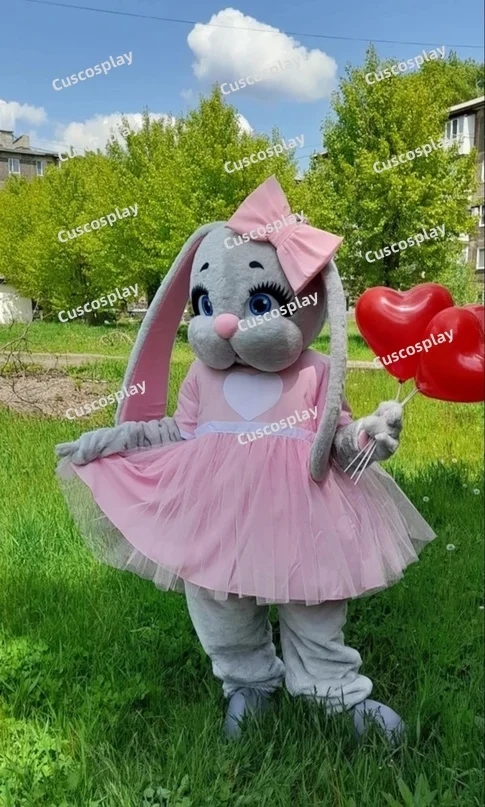 

Cute Hare Rabbit with Pink Dress Easter Bunny Mascotte Fancy Cartoon Mascot Costume Plush Fancy Dress Halloween Christmas Gift