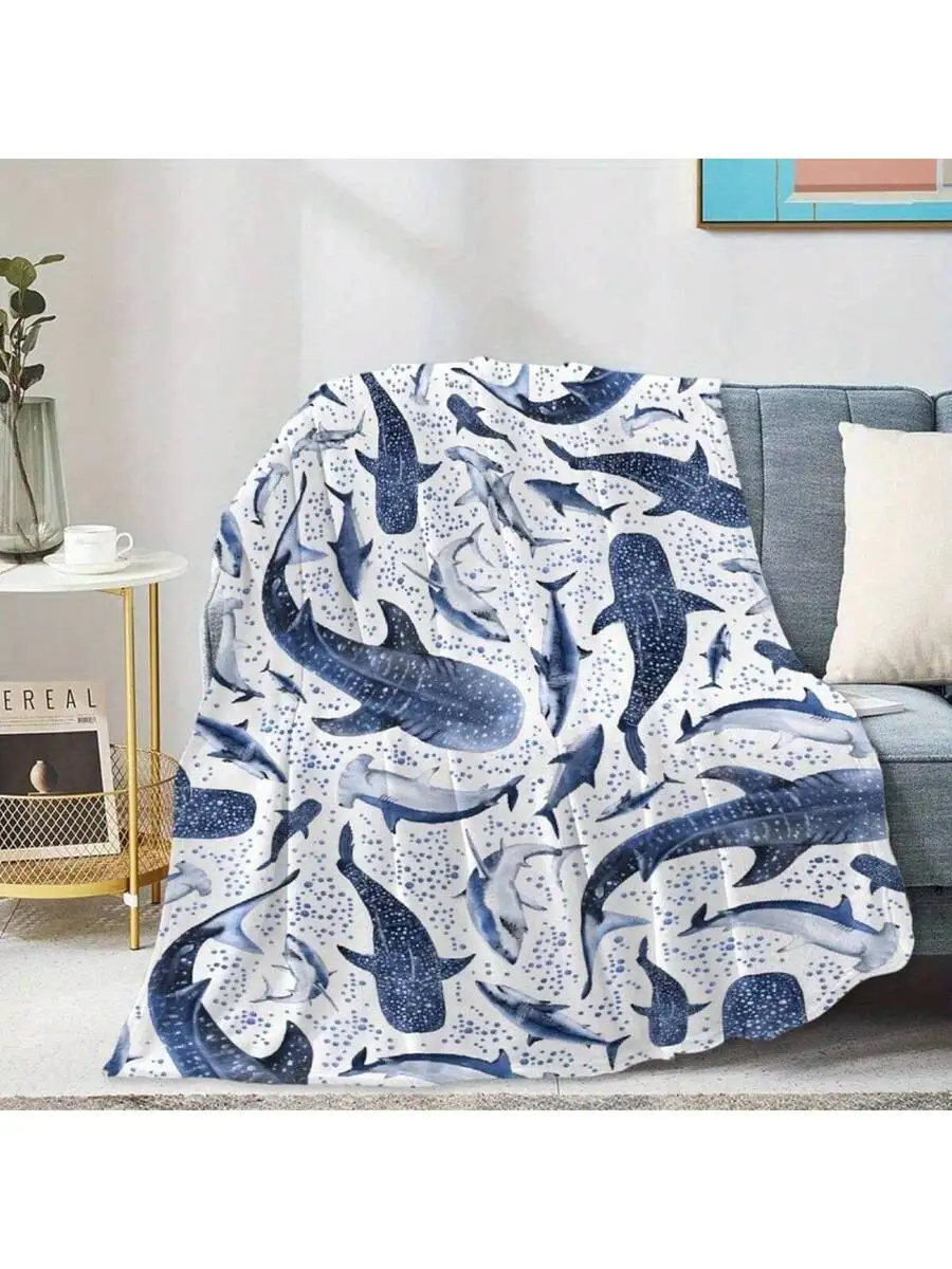 Cozy Ocean Shark Flannel Throw Blanket, Blue White Whale Print 280g/Sq.M Soft Warm Lightweight for Bed Sofa, Machine Washable