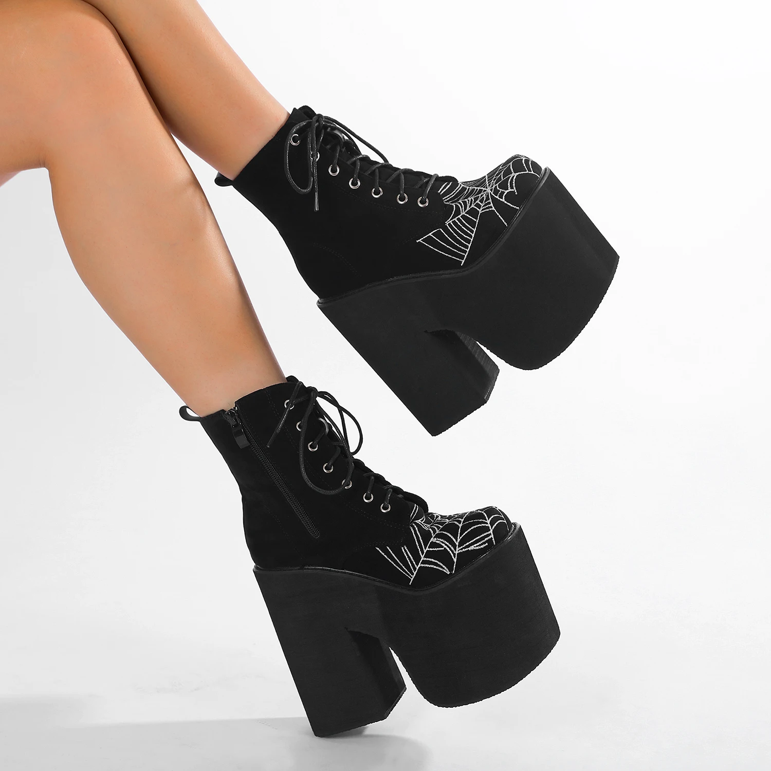 Gdgydh Damenstiefel, Goth, Spinnennetz, bestickte Schuhe, Stiefeletten mit hohem Absatz, hohe Plattform, Qualität, modisch, Punk, klobige Absätze, Reißverschluss – Detail 2