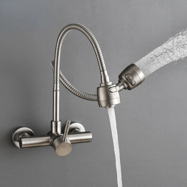 

304 stainless steel Brushed Kitchen Faucet Wall Mounted Two Models Hot&Cold Water Sink Faucet 360 Rotation Sprayer Taps