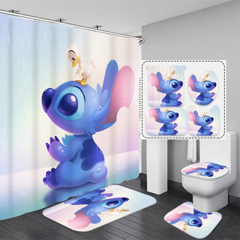 Disney Stitch Bathroom Curtains Shower Curtain Set for Bathroom Cartoon  Ornate Bath Rug Decor 180x180cm 4pcs Gift For Boy Girl