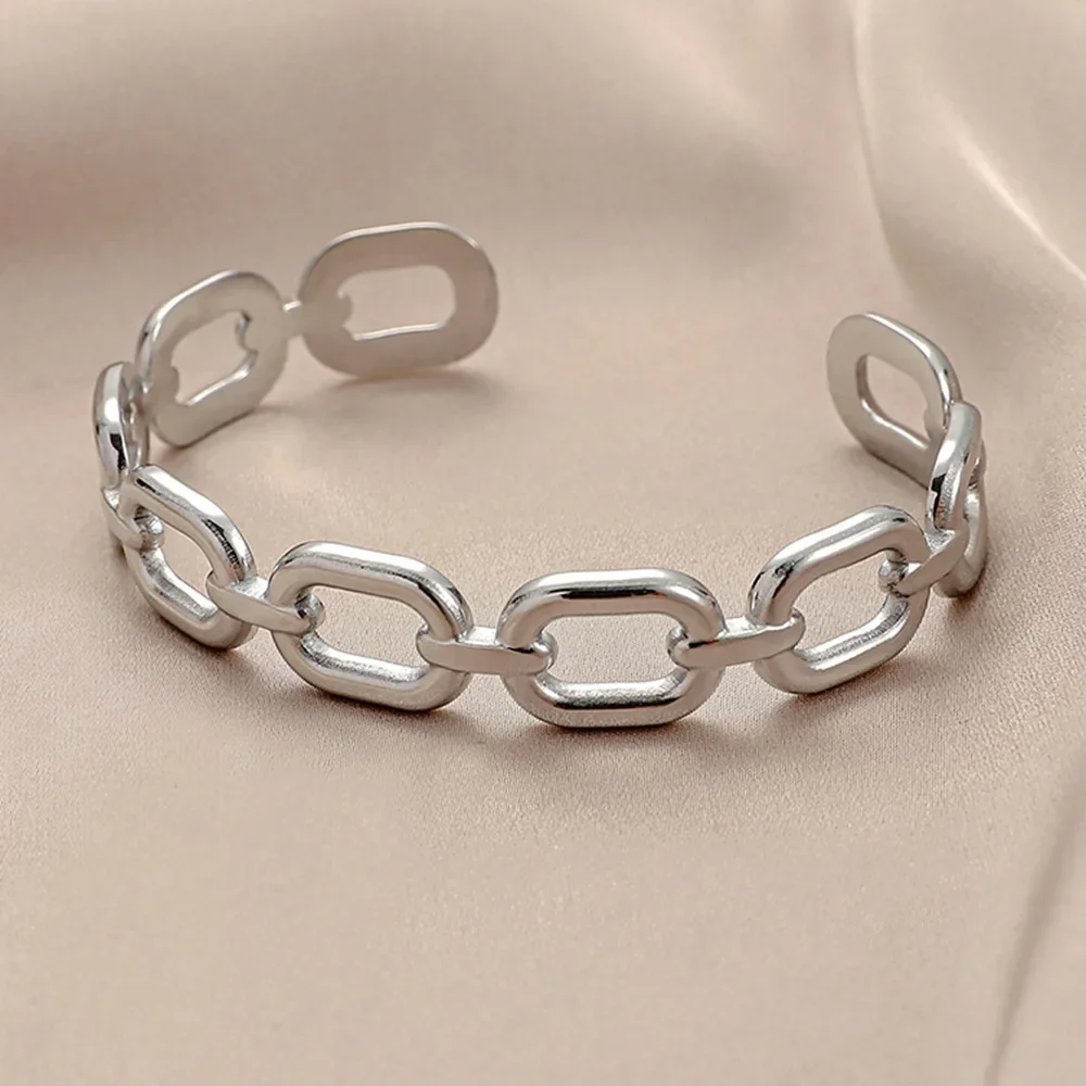Square Link Hollow Out Open Cuff Bracelet for Women Stainless Steel Vintage Gold Color Bangle Minimalist Wedding Jewelry Gift