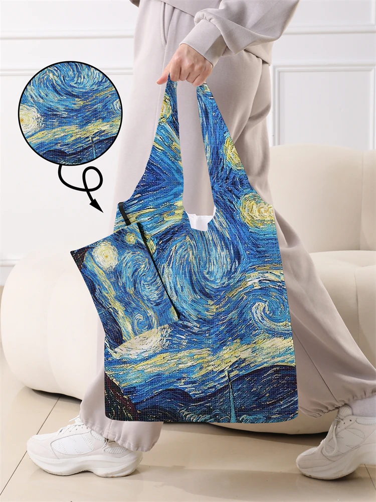Women's Foldable Starry Sky Oil Painting Pattern Large Shopping Bag Foldable Storage Reusable Easy to Carry Capacity Handbag