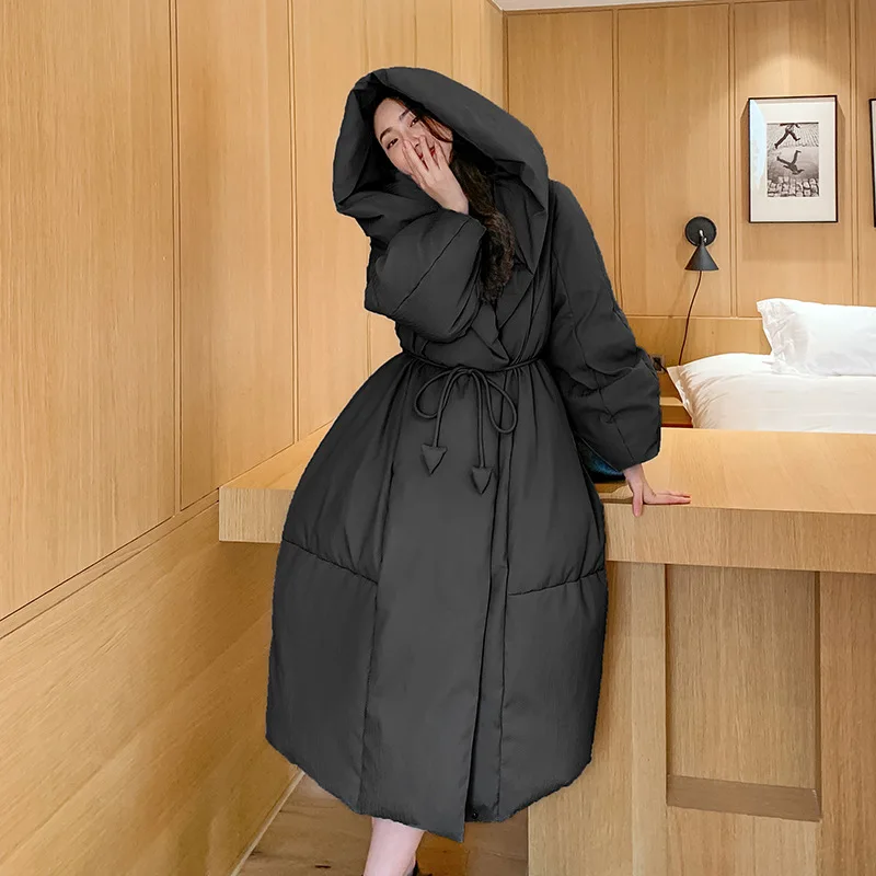 Winter Fleece-Lined Thick Style 90 White Duck down Jacket Women's Extended over-the-Knee Fashion Loose Cotton Padded Jacket