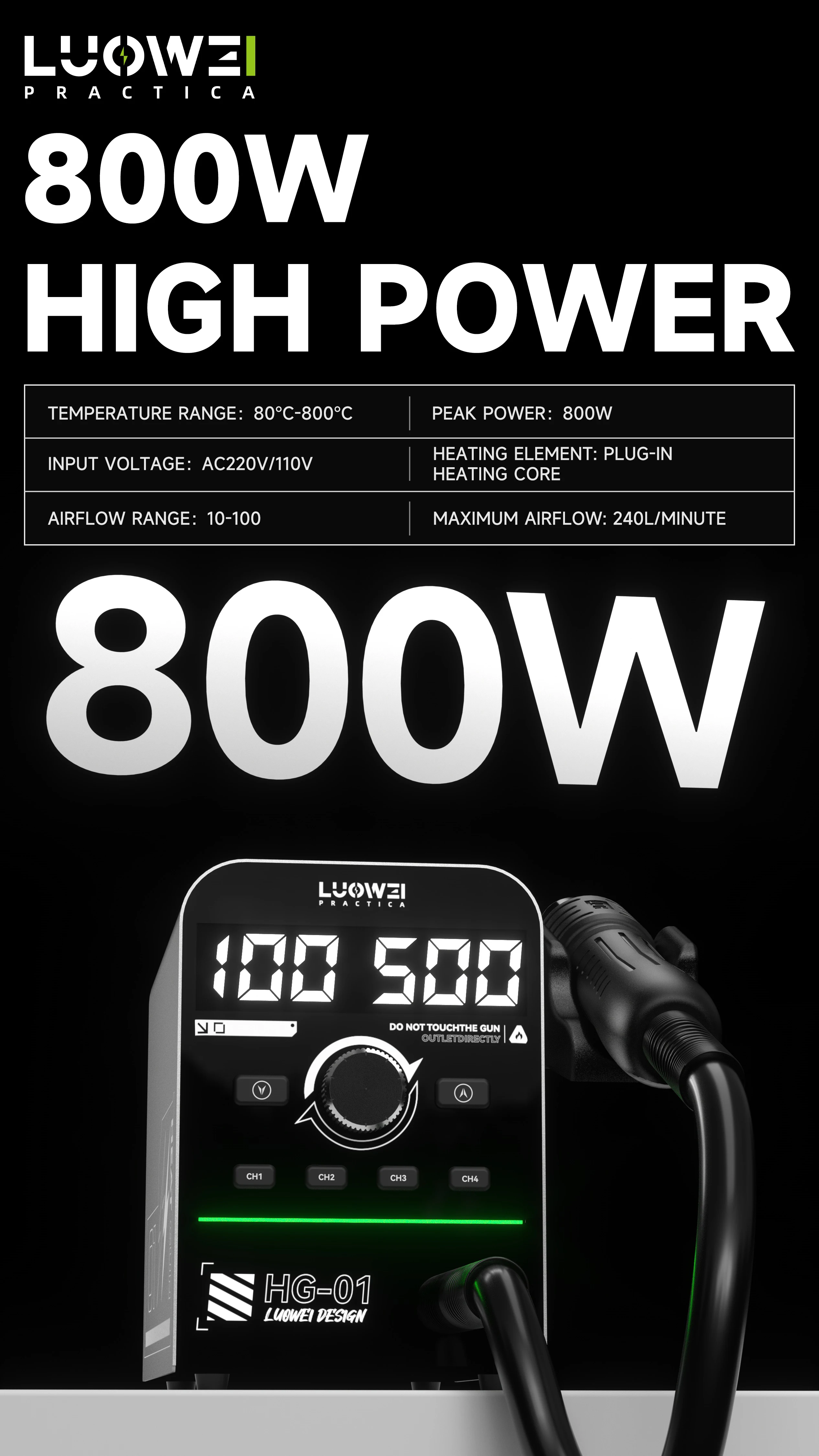 LUOWEI HG-01 800W Large Fan Hot Air Desoldering Station Smart Digital Display High Power Heating for Mobile Phone BGA Repair 4