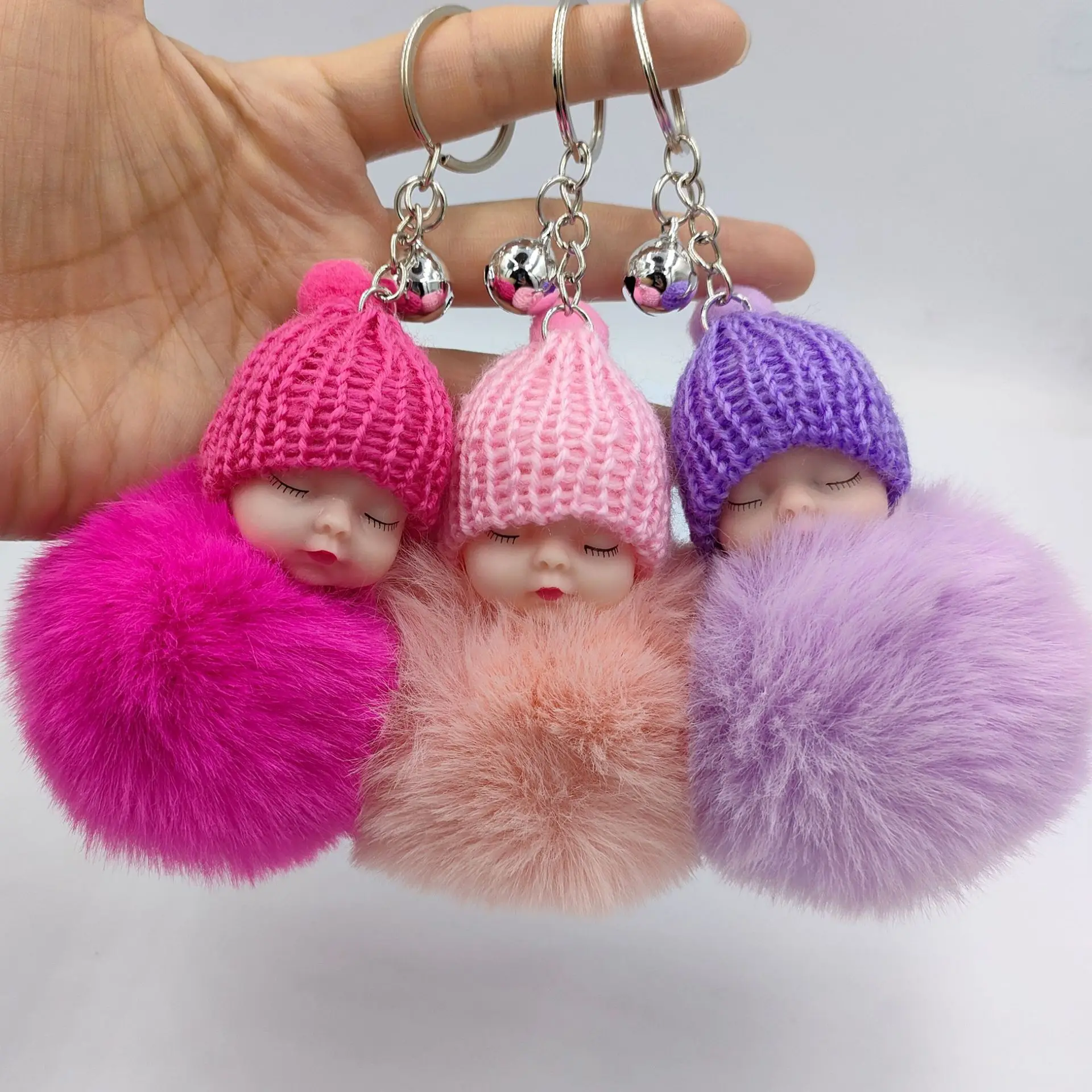 

cute sleeping baby doll keychain Fluffy Pompom Fur Plush Doll Keychain Keyring Key Ring Women Girls Bag Pendant Jewelry