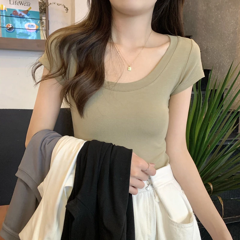 

Women's Cropped Tops Shirt Women U Neck Short Sleeve Solid Color Slim Short T-Shirt Women's Short Sleeve T-Shirt Women