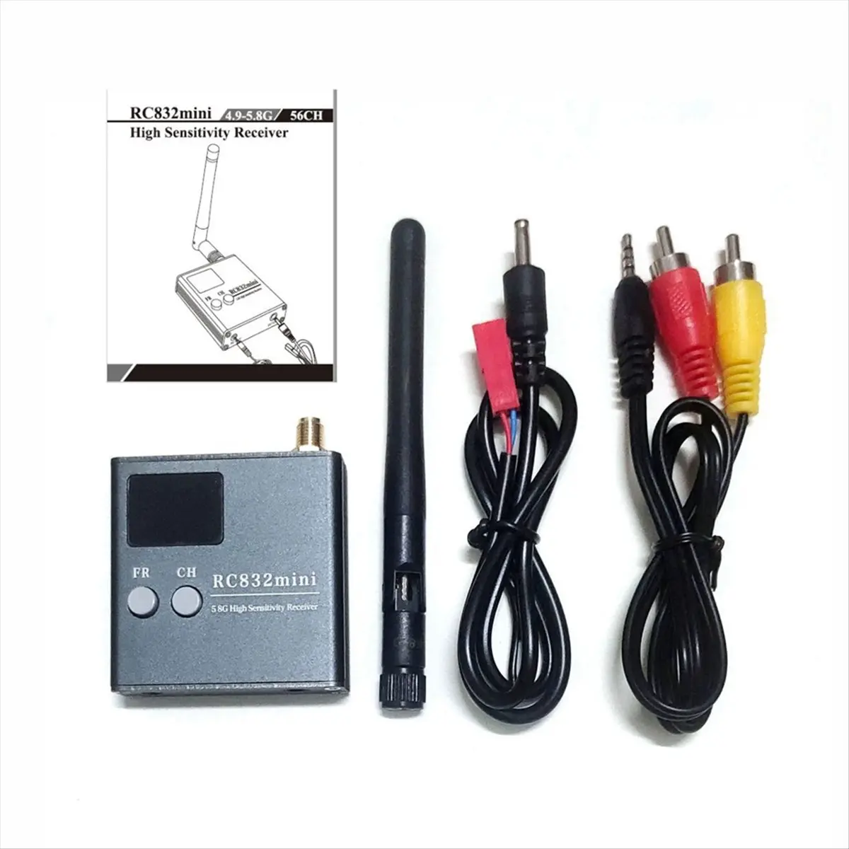 A23G RC832Mini 4.9-5.8G 56CH 고감도 수신기 FPV 멀티로터용 A/V 및 전원 케이블이 포함된 무선 수신기