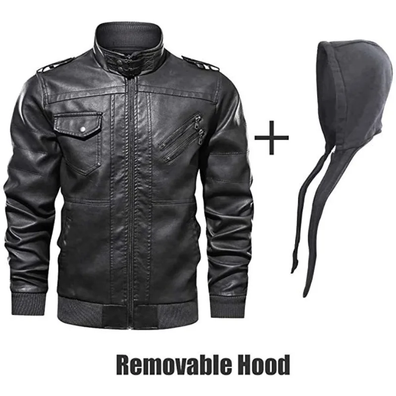 남성용 후드 가죽 재킷, 스트리트웨어 바이커 코트, 슬림핏, 모피 안감, 오토바이 재킷, 패션, 가을, 겨울