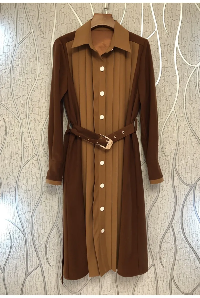 

High Quality New Long Shirt Dress 2023 Spring Women Turn-down Collar Color Block Patchwork Belt Deco Long Sleeve Dress Casual